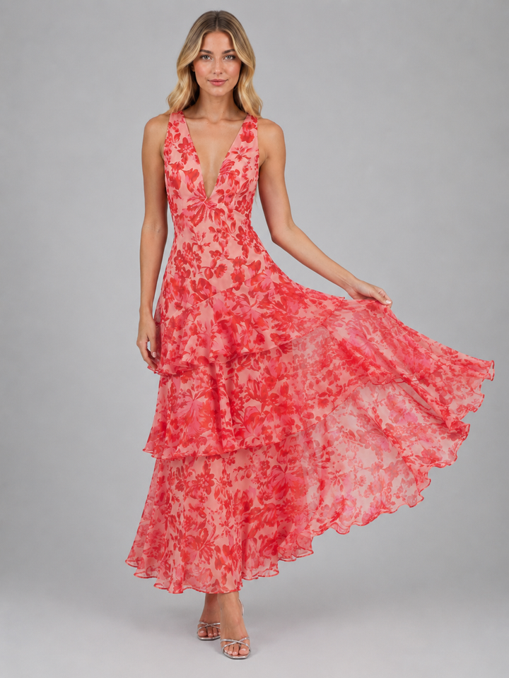 Women's Floral Chiffon Ruffle Maxi Dress – Summer Occassion Style in Red | Invictora.com