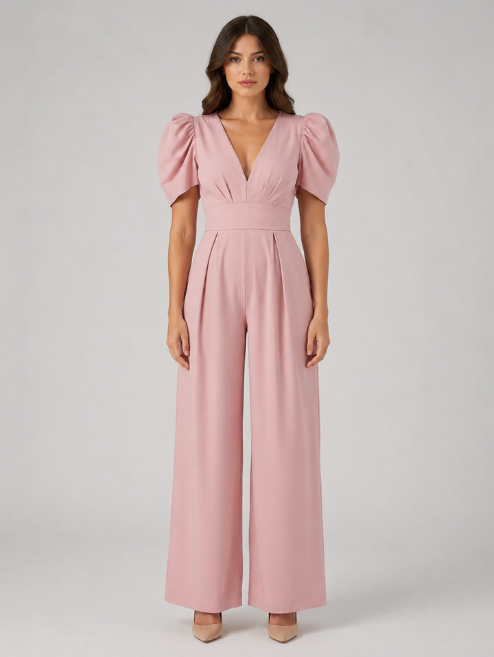 Women's Puff Sleeve Wide Leg Jumpsuit – Tailored Formal Style in Dusty Pink | Invictora.com