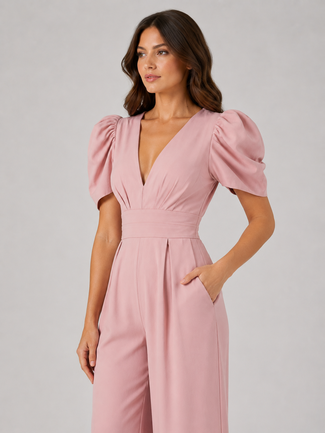 Women's Puff Sleeve Wide Leg Jumpsuit – Tailored Formal Style in Dusty Pink | Invictora.com