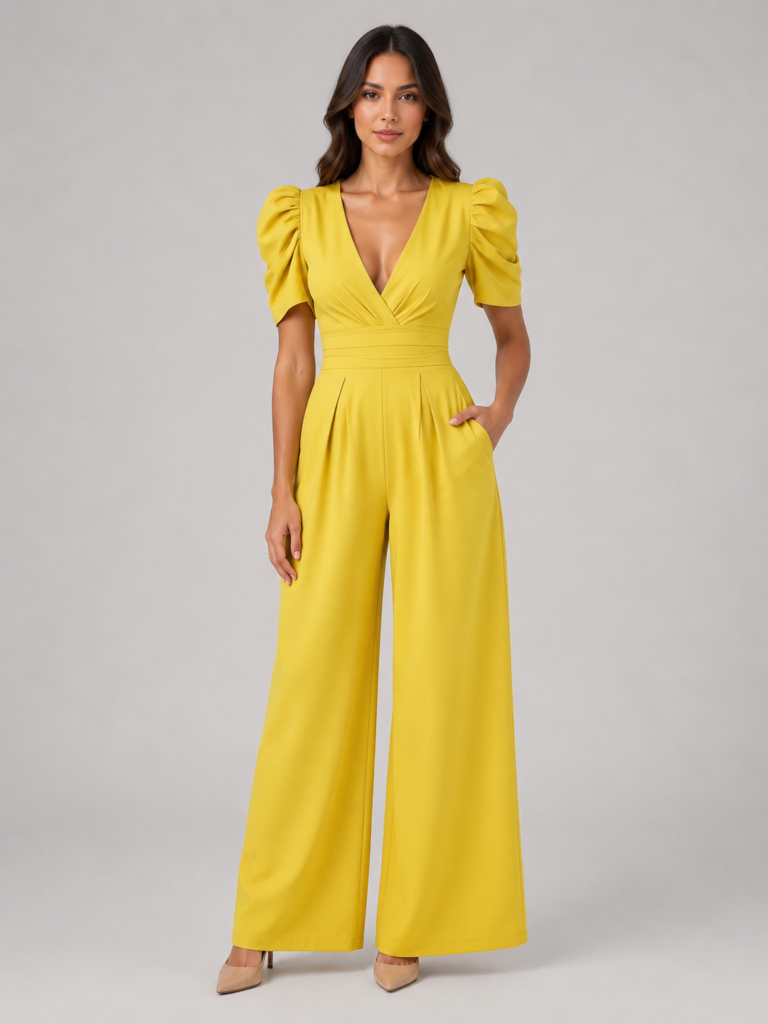 Women's Puff Sleeve Wide Leg Jumpsuit – Tailored Formal Style | Invictora.com