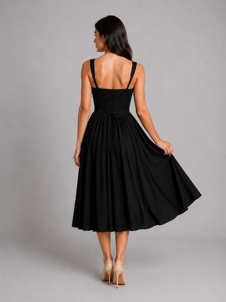 Women's Corset Pleated Midi Dress – Wedding Guest Occasion in Burgundy | Invictora.com
