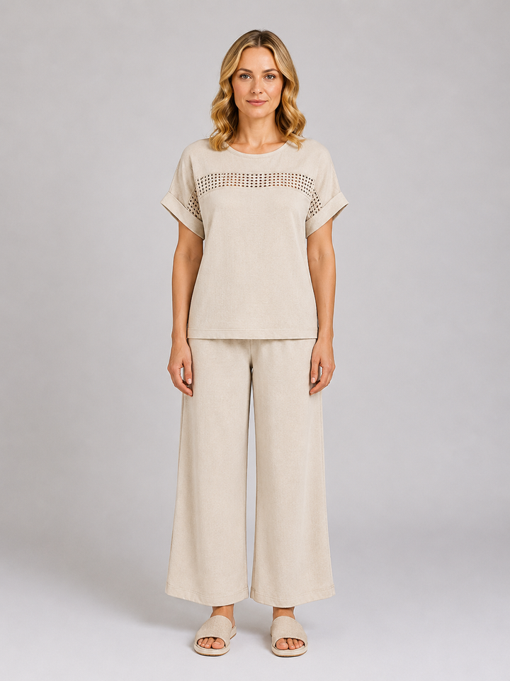 Women's Wide Leg Trouser Co-Ord Set – Crochet Detail Top & Trousers in Apricot | Invictora.com