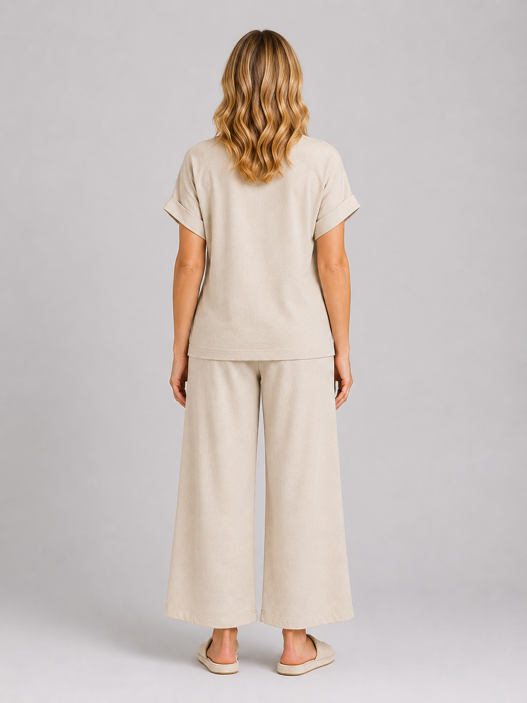 Women's Wide Leg Trouser Co-Ord Set – Crochet Detail Top & Trousers in Apricot | Invictora.com