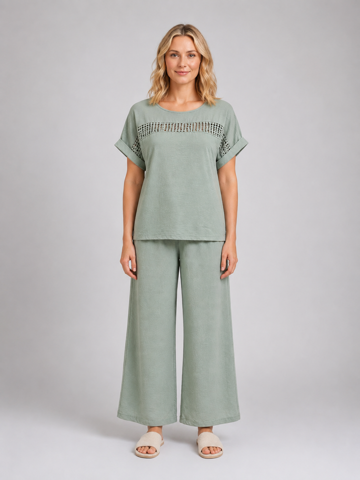 Women's Wide Leg Trouser Co-Ord Set – Crochet Detail Top & Trousers in Apricot | Invictora.com