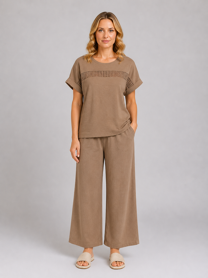 Women's Wide Leg Trouser Co-Ord Set – Crochet Detail Top & Trousers in Apricot | Invictora.com