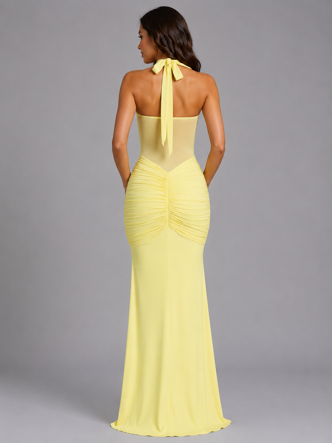 Women's Halter Mesh Maxi Dress – Ruched Occasion Gown in Yellow | Invictora.com