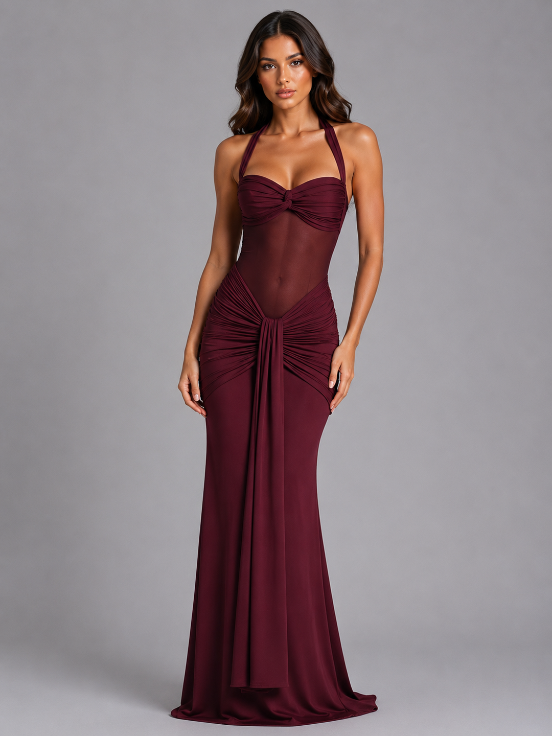 Women's Halter Mesh Maxi Dress – Ruched Occasion Gown in Burgundy | Invictora.com