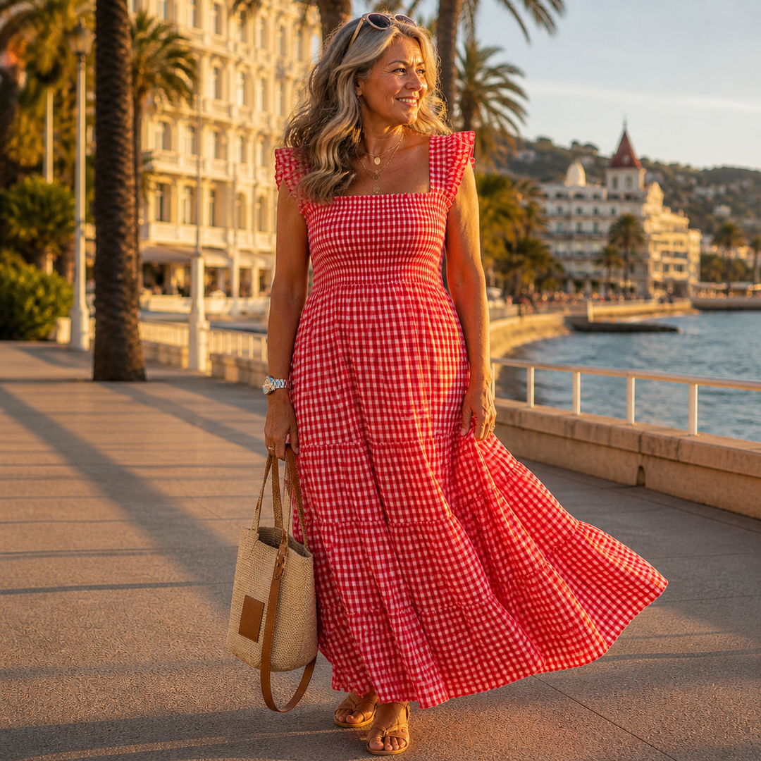 Women's Elara – Gingham Plaid Maxi Dress in Beige | Invictora.com