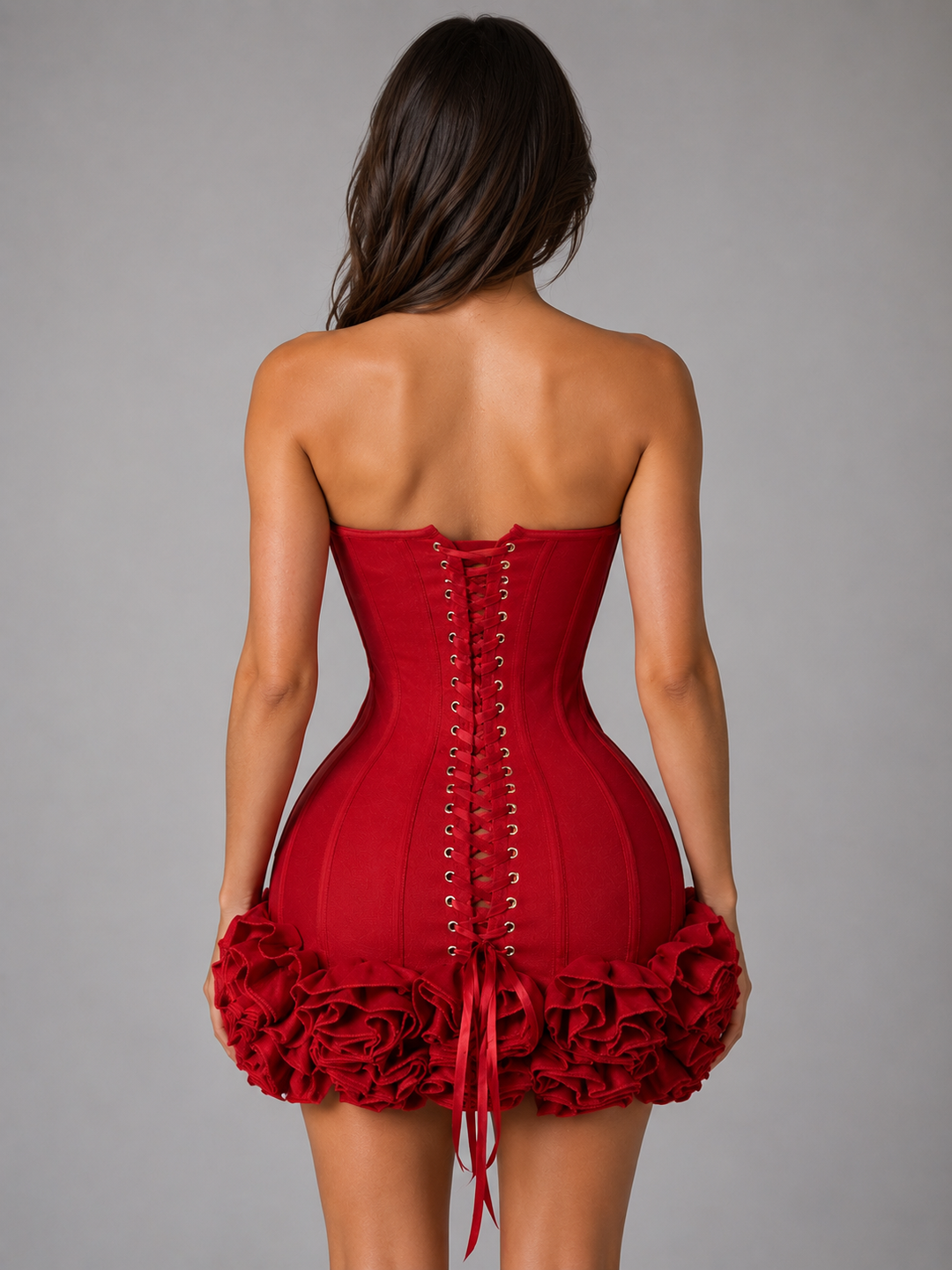 Women's Strapless Corset Mini Dress – 3D Floral Appliqué Party Style in Red | Invictora.com