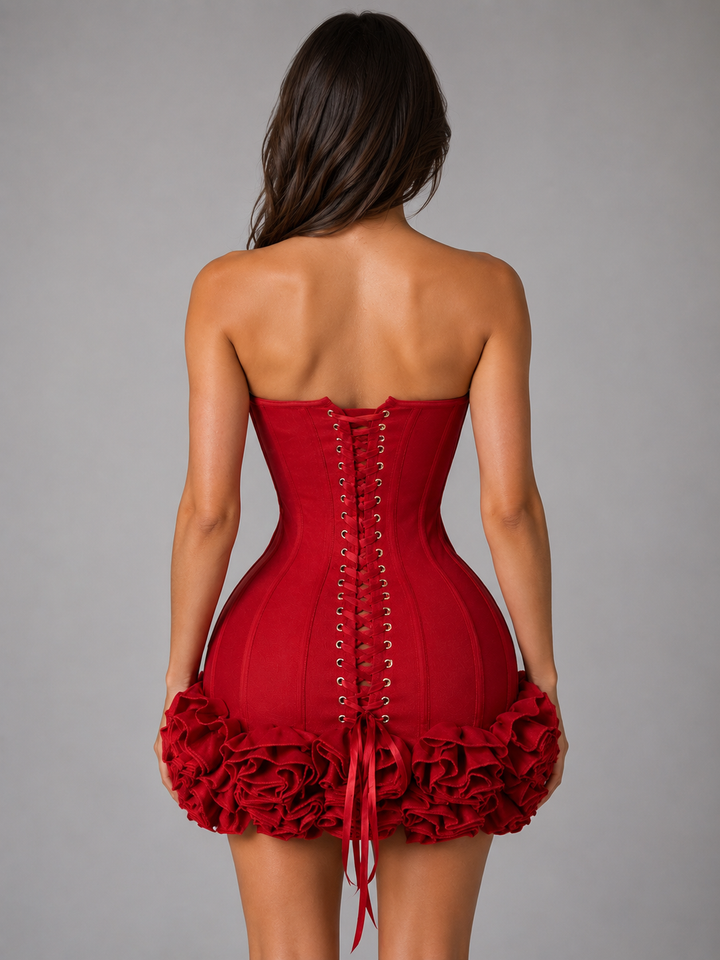 Women's Strapless Corset Mini Dress – 3D Floral Appliqué Party Style in Red | Invictora.com