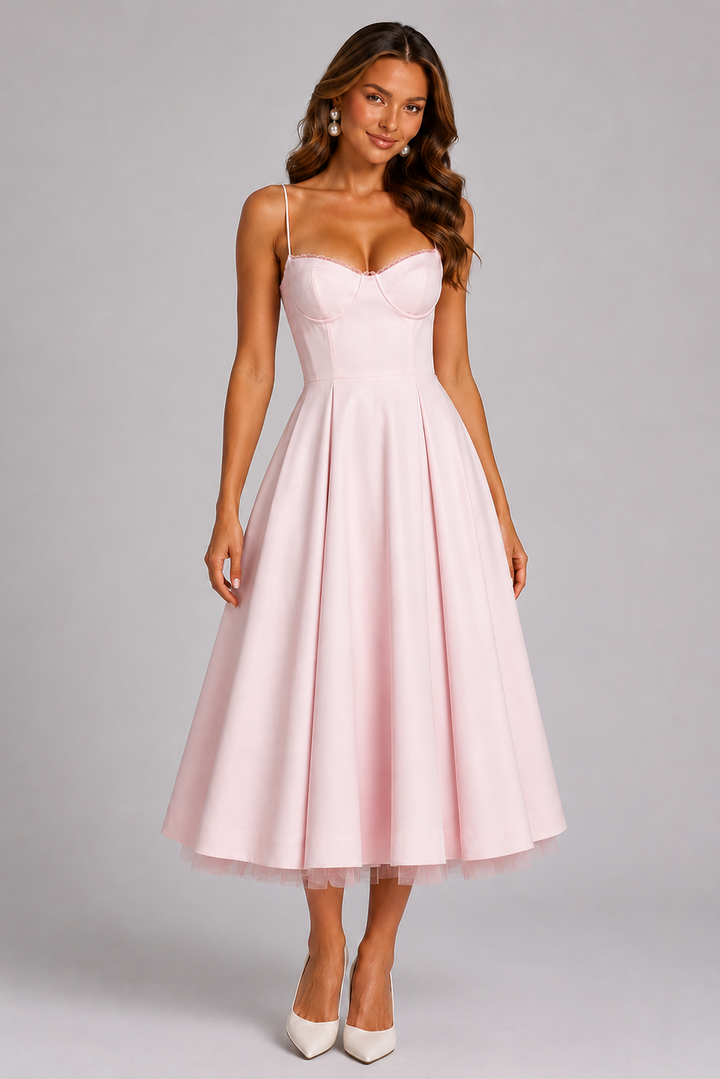 Women's Seraphina – Corset Spaghetti Strap Midi Wedding Guest Dress in Pink | Invictora.com