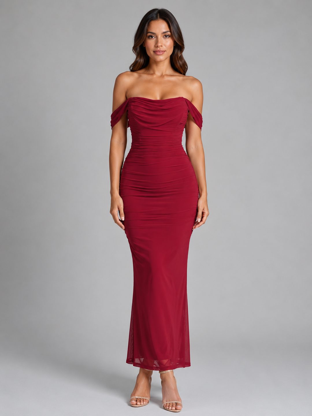 Women's Off-Shoulder Ruched Maxi Dress - Wedding Guest Gown product image | Invictora.com