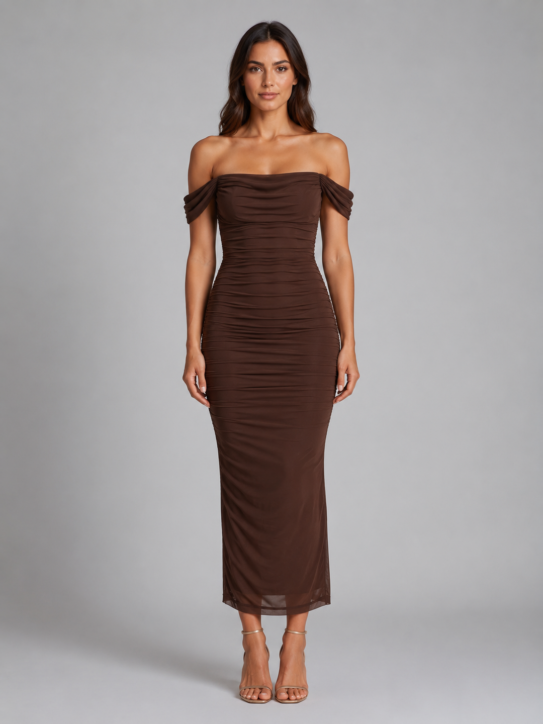 Women's Off-Shoulder Ruched Maxi Dress - Wedding Guest Gown product image | Invictora.com