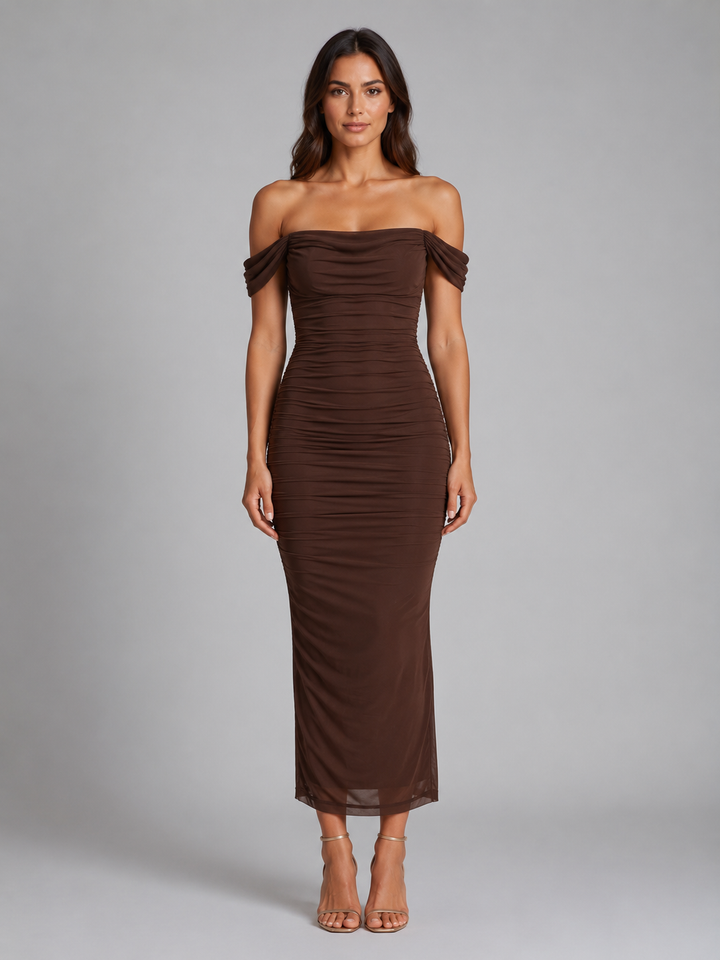 Women's Off-Shoulder Ruched Maxi Dress - Wedding Guest Gown product image | Invictora.com