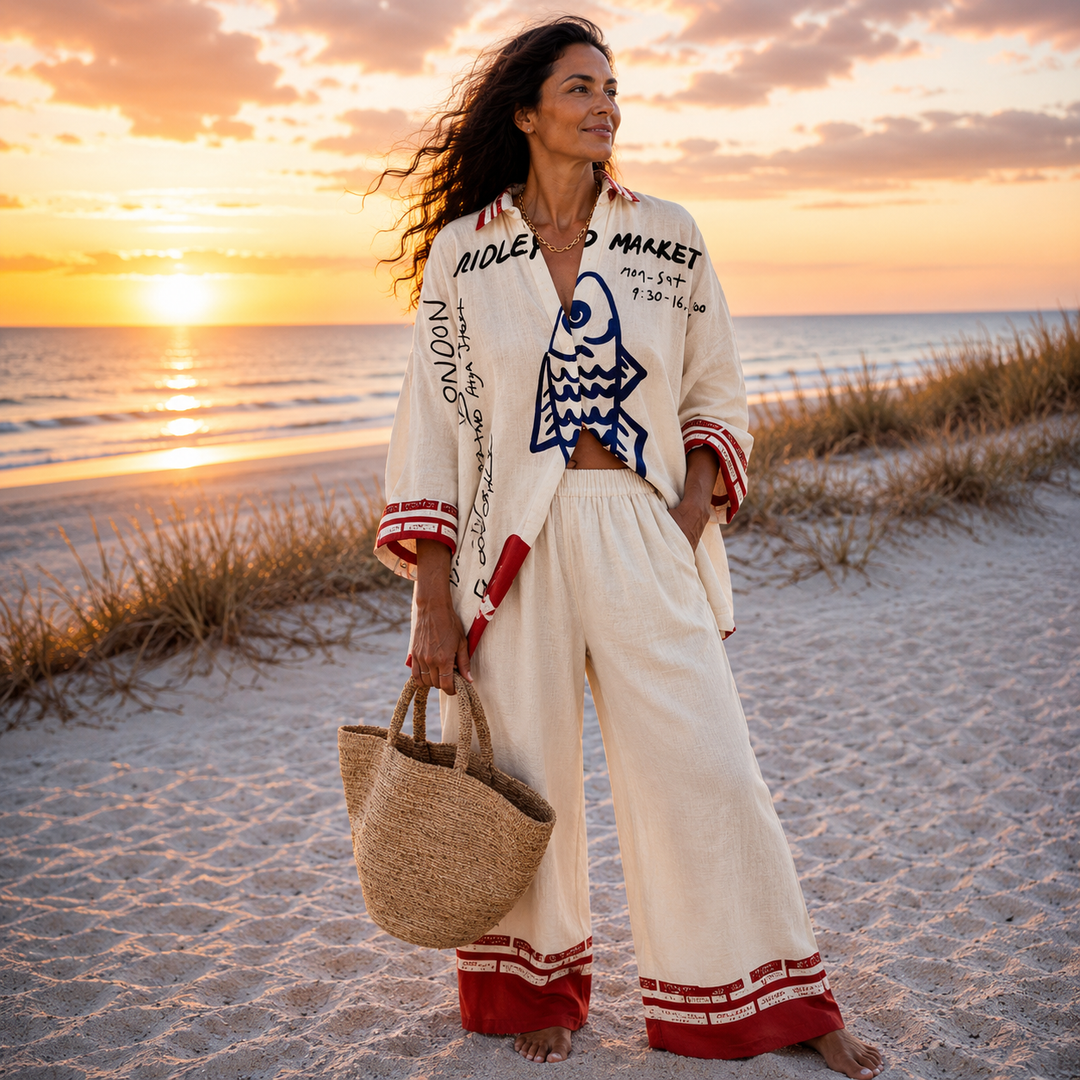 Women's Morena – Ocean Print Relaxed Co-Ord Set in Off White | Invictora.com