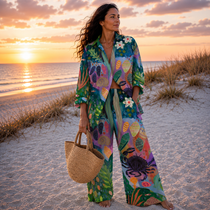 Women's Morena – Ocean Print Relaxed Co-Ord Set in Off White | Invictora.com