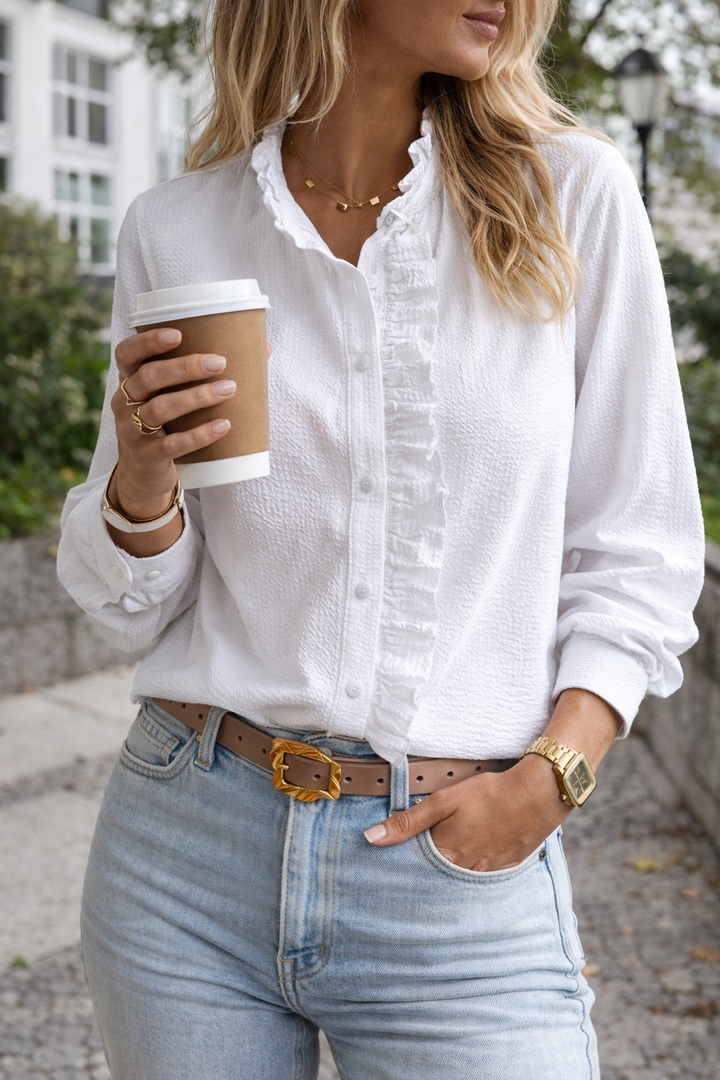 Women's Harper – Women Ruffle Detail Button Blouse in Blue | Invictora.com