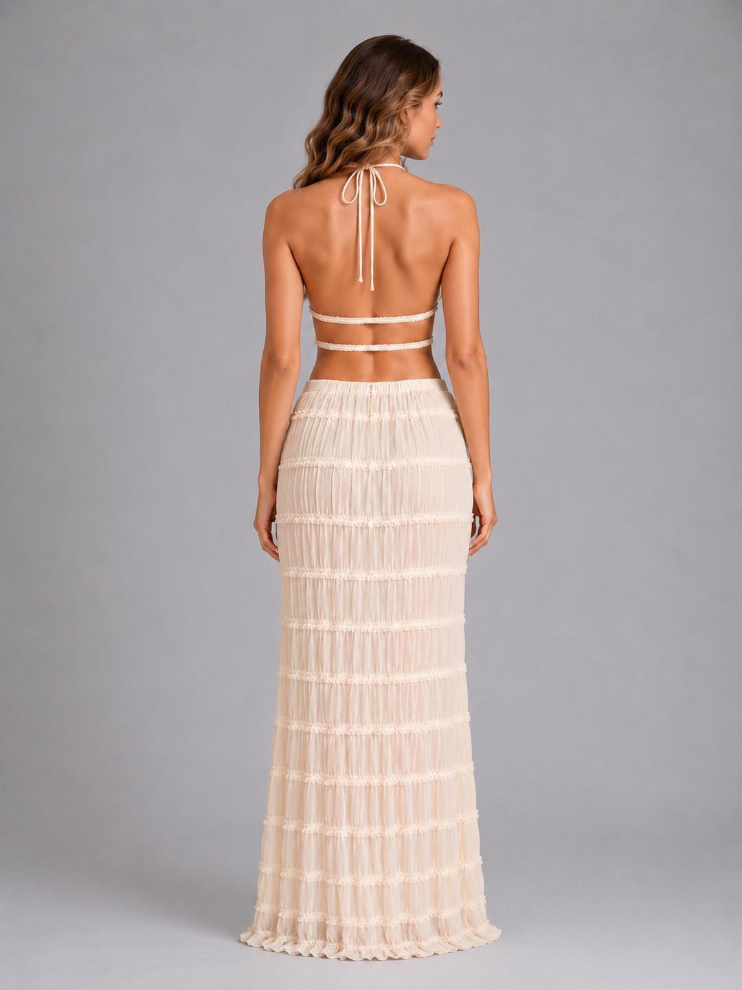 Women's Ruffle Textured Two-Piece Set – Summer Holiday Style in Cream | Invictora.com