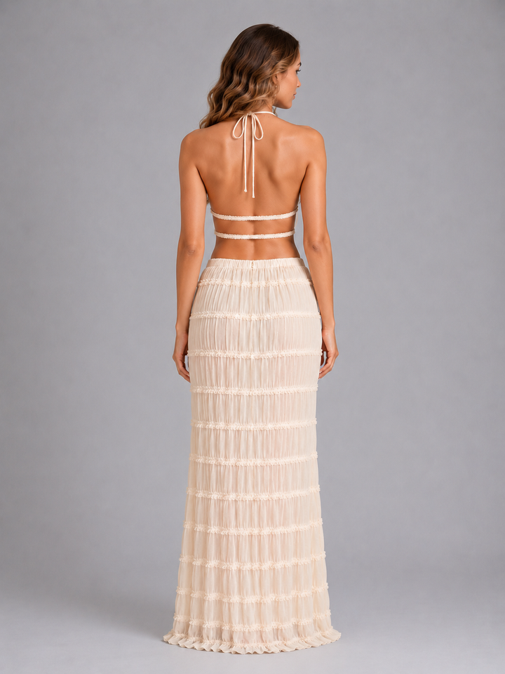 Women's Ruffle Textured Two-Piece Set – Summer Holiday Style in Cream | Invictora.com