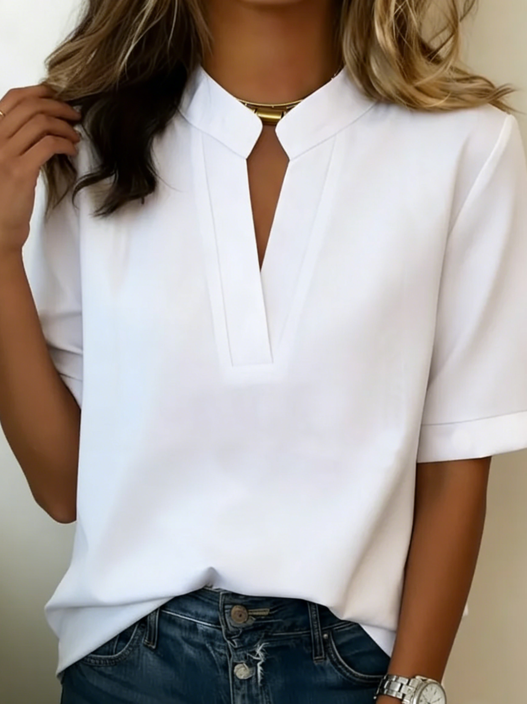 Women's Elowen – Elegant V-Neck Blouse in Dark Blue | Invictora.com