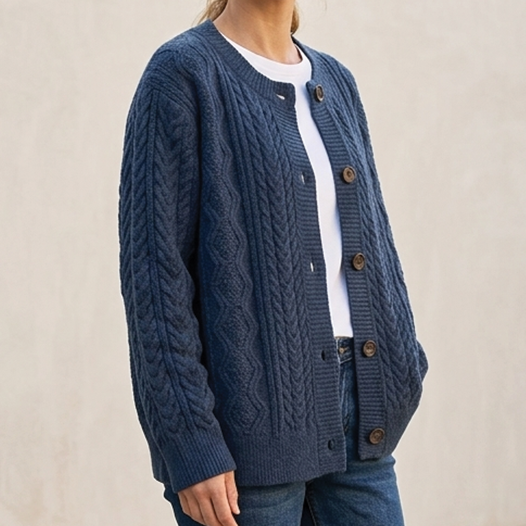 Women's Knit Cardigan – Chunky Cable-Knit Round Neck