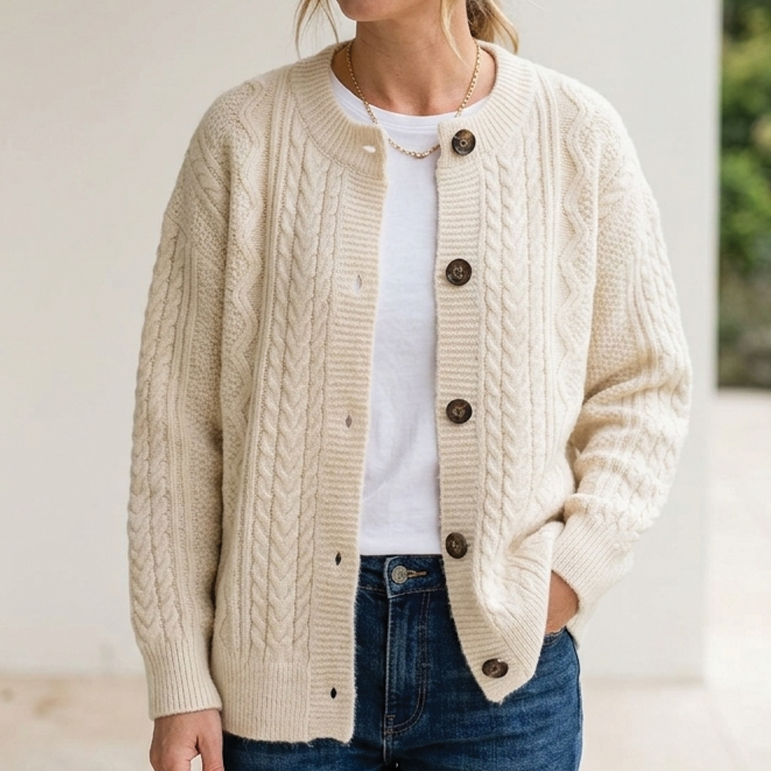 Women's Knit Cardigan – Chunky Cable-Knit Round Neck