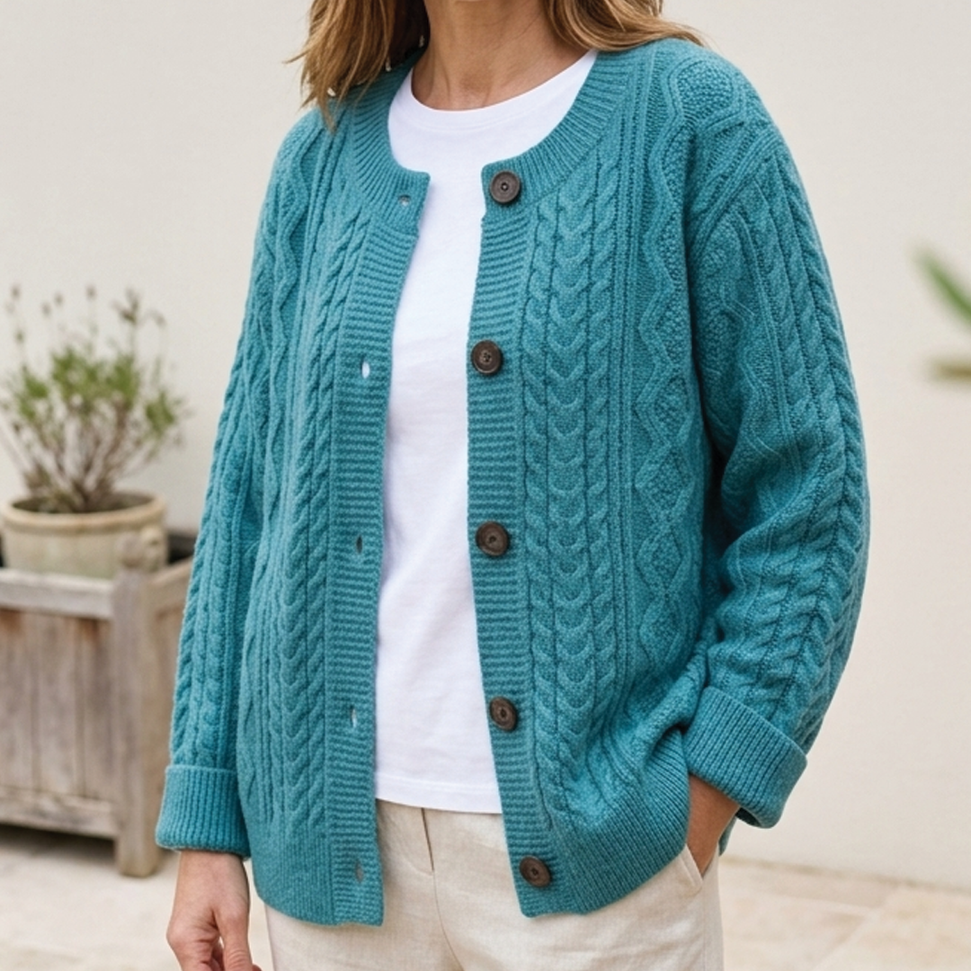 Women's Knit Cardigan – Chunky Cable-Knit Round Neck