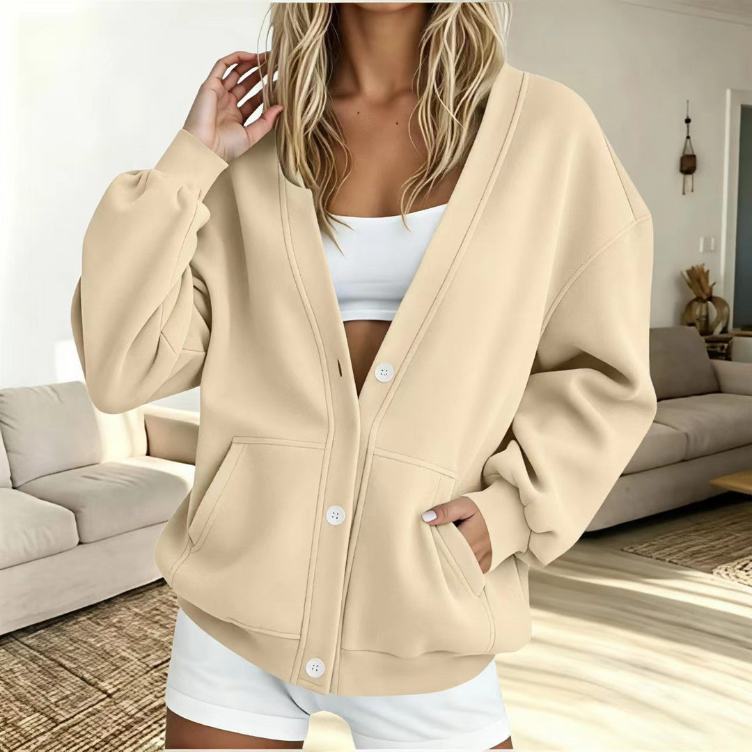 Women's Knit Cardigan – Fleece V-Neck And Patch Pockets