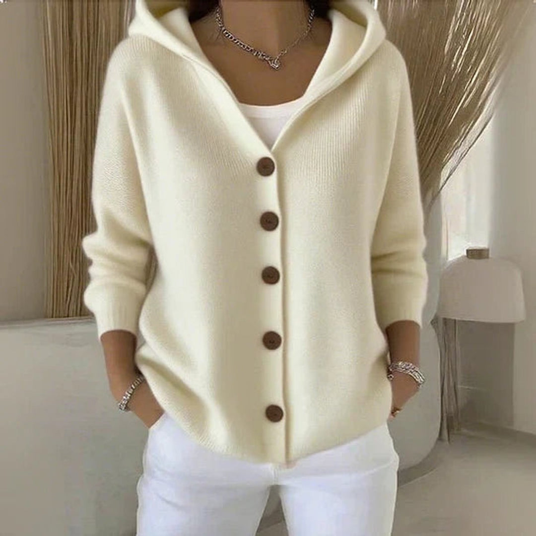 Women's Knit Cardigan – Hooded Knit Wood-Tone Buttons