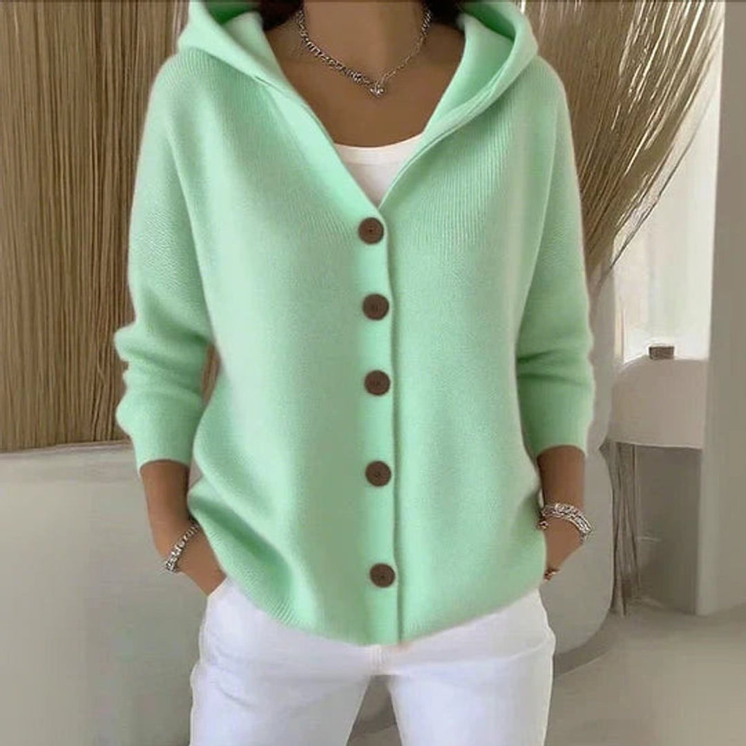 Women's Knit Cardigan – Hooded Knit Wood-Tone Buttons