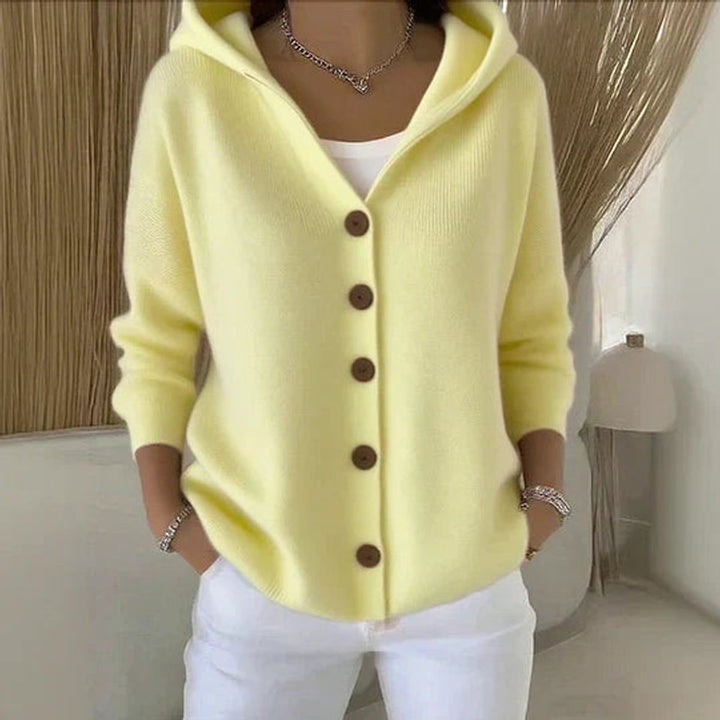 Women's Knit Cardigan – Hooded Knit Wood-Tone Buttons