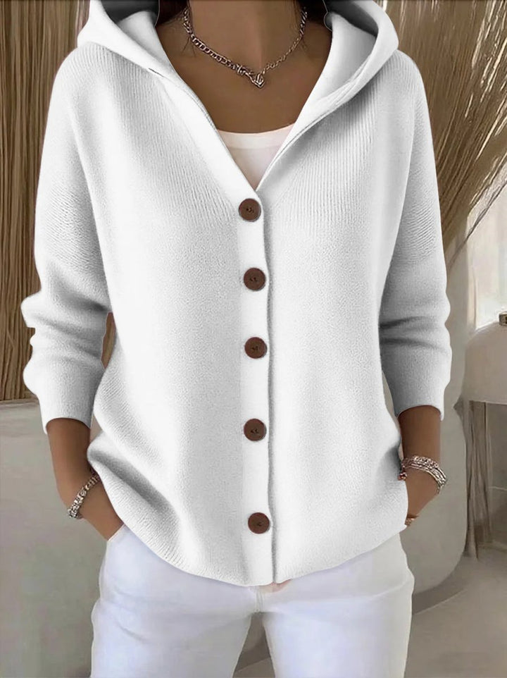 Women's Knit Cardigan – Hooded Knit Wood-Tone Buttons