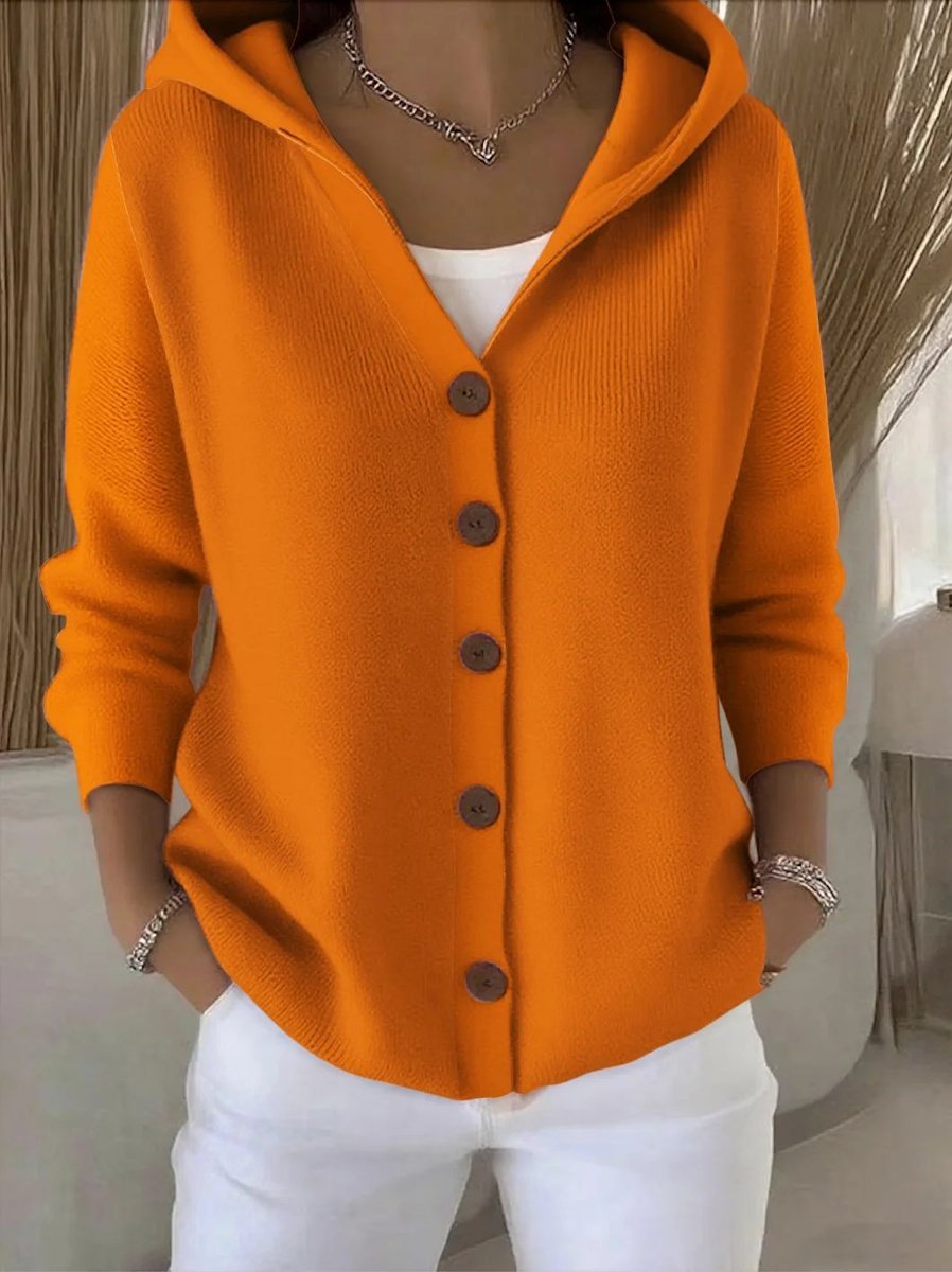 Women's Knit Cardigan – Hooded Knit Wood-Tone Buttons