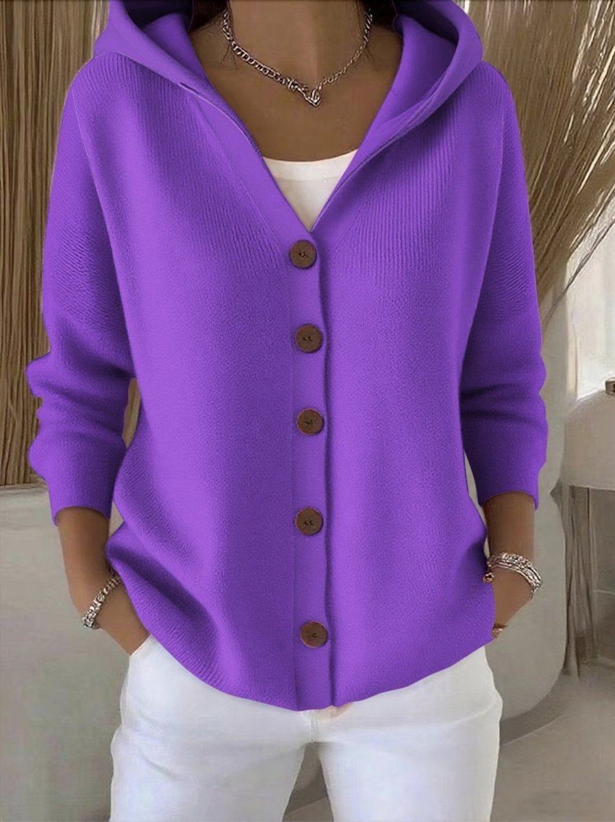 Women's Knit Cardigan – Hooded Knit Wood-Tone Buttons
