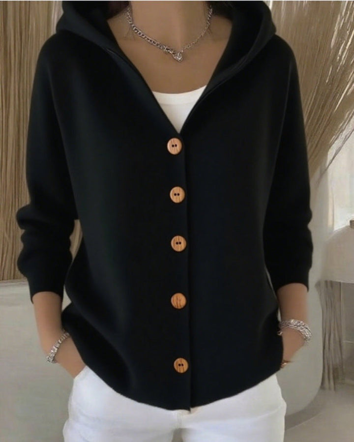 Women's Knit Cardigan – Hooded Knit Wood-Tone Buttons