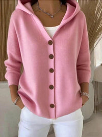 Women's Knit Cardigan – Hooded Knit Wood-Tone Buttons
