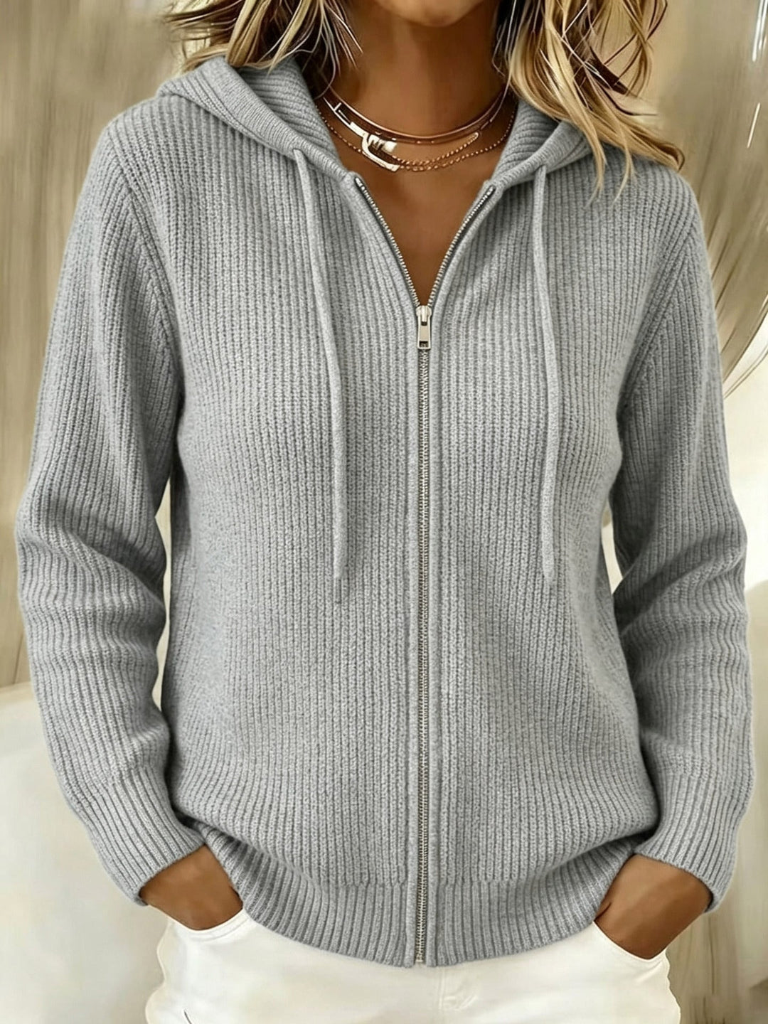 Women's Knit Cardigan – Ribbed Knit Zip-Up Hoodie Drawstring Hood