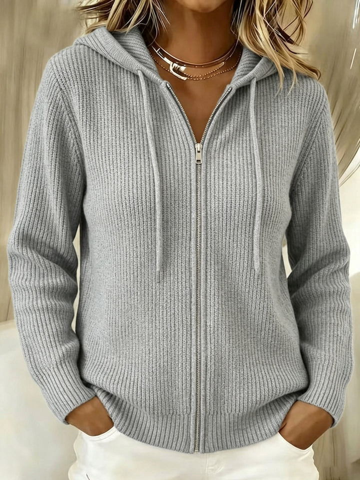 Women's Knit Cardigan – Ribbed Knit Zip-Up Hoodie Drawstring Hood