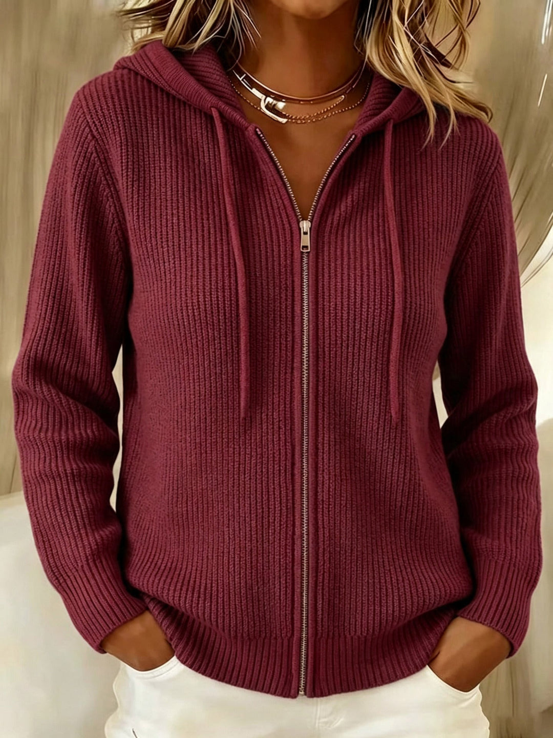 Women's Knit Cardigan – Ribbed Knit Zip-Up Hoodie Drawstring Hood
