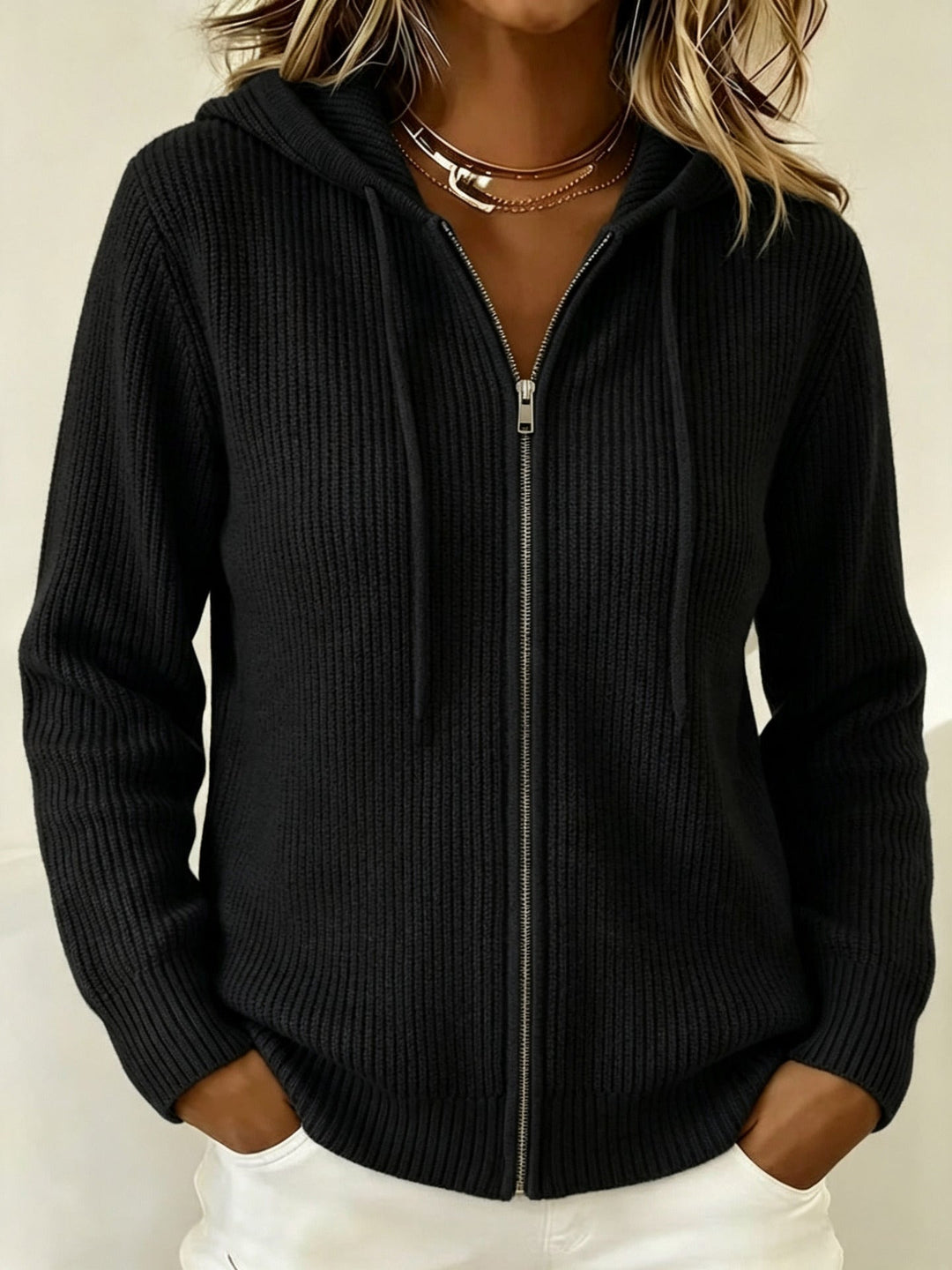 Women's Knit Cardigan – Ribbed Knit Zip-Up Hoodie Drawstring Hood