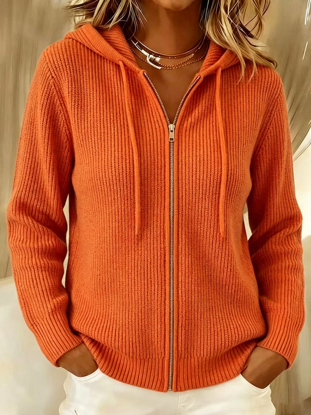 Women's Knit Cardigan – Ribbed Knit Zip-Up Hoodie Drawstring Hood