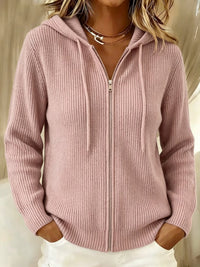 Women's Knit Cardigan – Ribbed Knit Zip-Up Hoodie Drawstring Hood