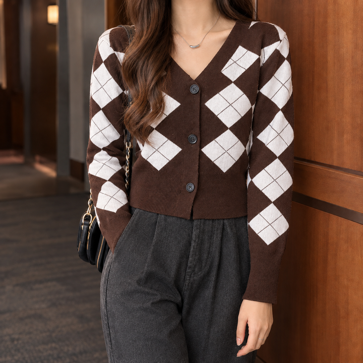 Women's Knit Cardigan – Cropped Argyle V-Neck