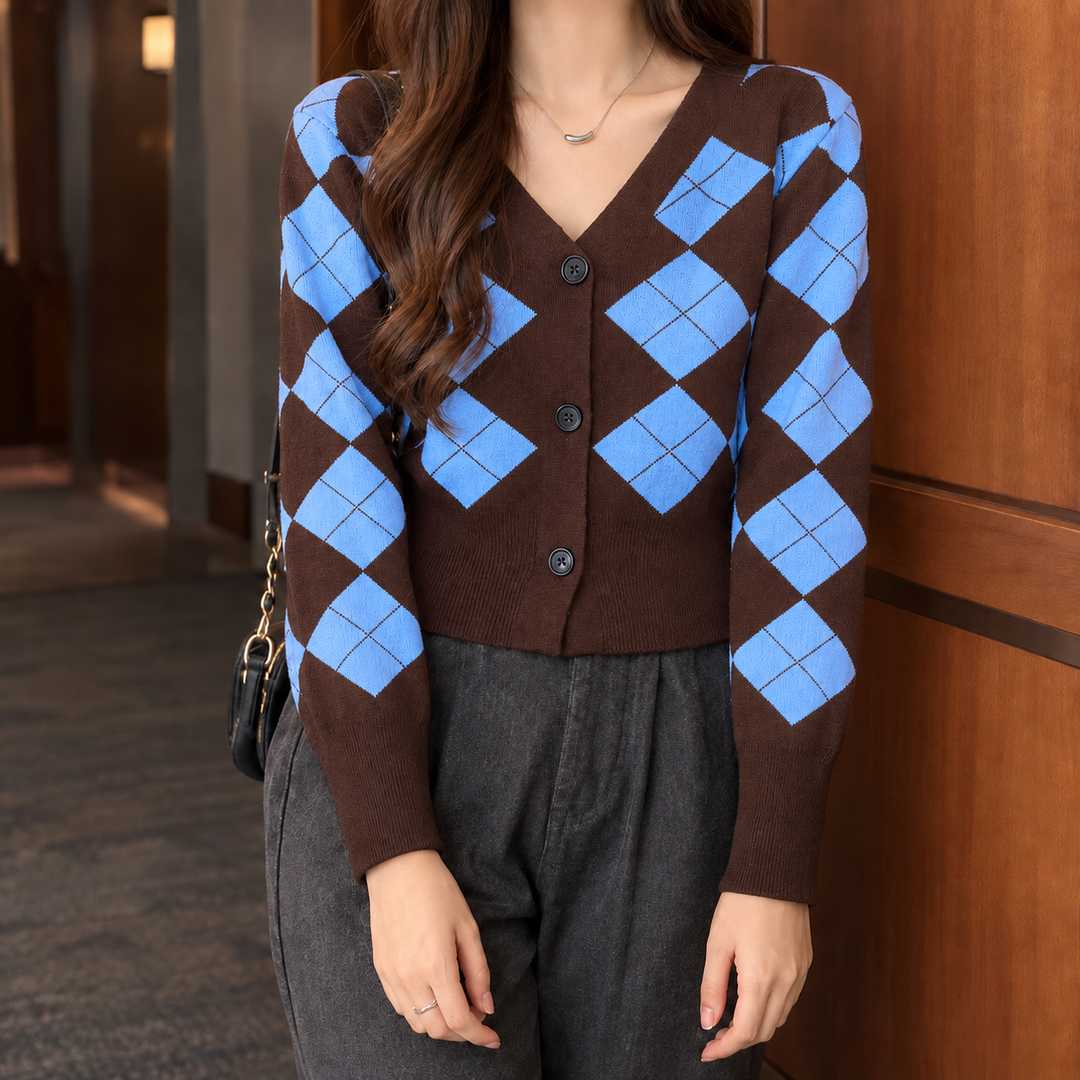 Women's Knit Cardigan – Cropped Argyle V-Neck