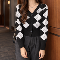 Women's Knit Cardigan – Cropped Argyle V-Neck