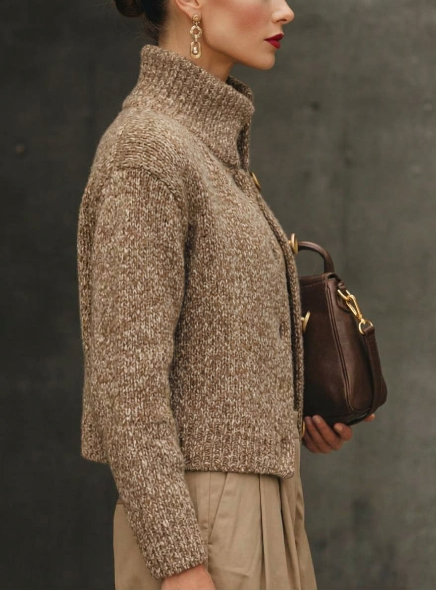 Women's Knit Cardigan – Cropped Boucle Gold Buttons And Stand Collar