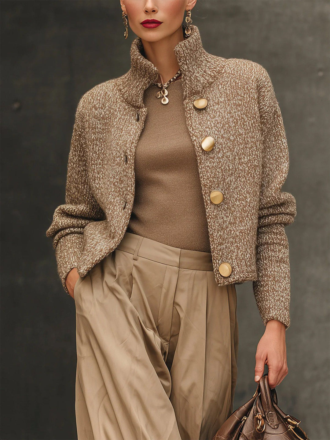Women's Knit Cardigan – Cropped Boucle Gold Buttons And Stand Collar