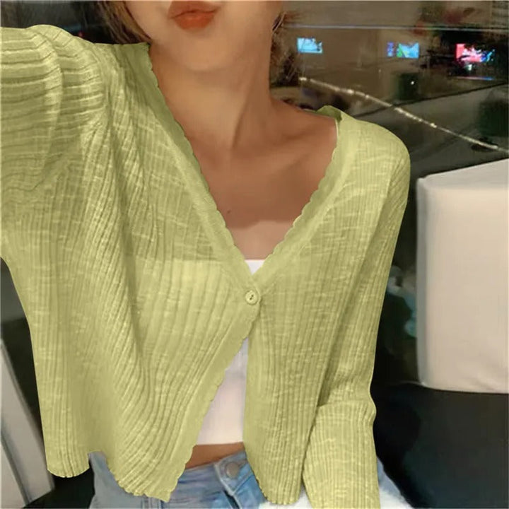 Women's Knit Cardigan – Cropped Lettuce Edge Trim And V-Neck