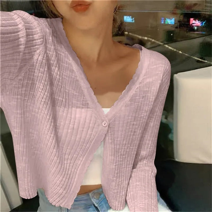 Women's Knit Cardigan – Cropped Lettuce Edge Trim And V-Neck