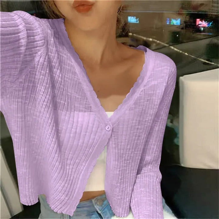 Women's Knit Cardigan – Cropped Lettuce Edge Trim And V-Neck